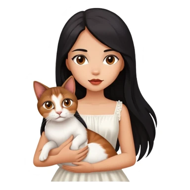beautiful girl with long black hair wearing a white dress holding an Abyssinian cat with reddish-brown fur in her arms sticker