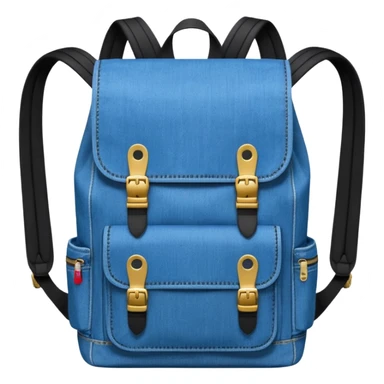 Minimalist emoji-style icon of a stylish blue denim backpack with a flap top, two vertical black buckle straps,and two zipper side pockets. Inspired by Tommy Jeans design. 

 sticker