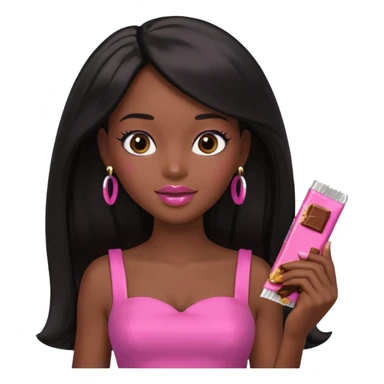 Black barbie, long black  hair, pink dress eating chocalate bar sticker