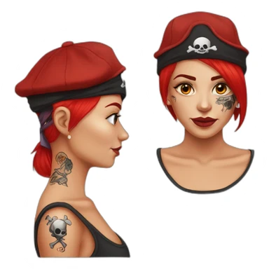 Woman long red one platted hair on one sid short hair on other side Tattoo under shaved hair. pirate hat, skull and crossbones t shirt sticker