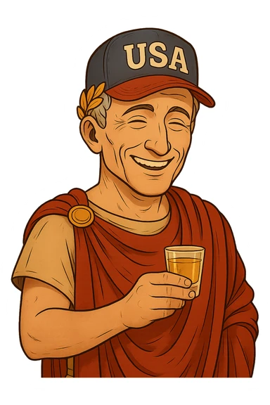 Используя такую стилистику сгенерируй довольного Императора Цезаря с кепкой USA на голове и держащего в руках стопку текилы, прозрачный фон sticker