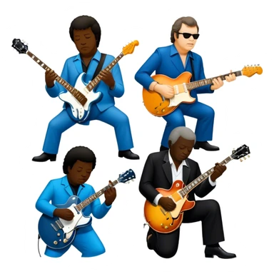 Icon for Blues Music: close-up collage of legendary blues artists. Gary Moore, Eric Clapton, B.B. King and Joe Cocker. Represented by silhouettes or symbolic items like guitars, microphones, or music notes, reflecting the soulful energy of blues music. Transparent background. sticker