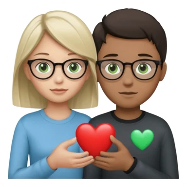 la chica es piel morena clara con pelo oscuro con ojos cafes sin lentes la ropa negra, el chico es de test blanca con gafas y pelo rubio ojos verdes y la ropa de color gris y el corazon que sostienen debe ser azul claro sticker