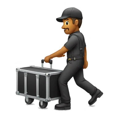 Stagehand pushing a road case on wheels with handles sticker