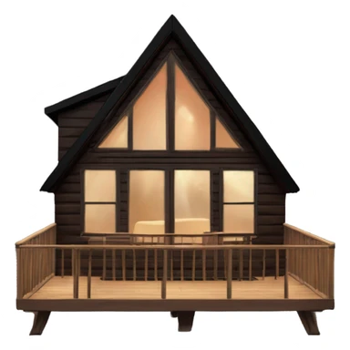 Brown A-Frame Cabin with black roof and glowing windows, and a upper and lower deck and a hot tub on the lower deck sticker