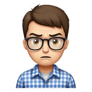 A rigid, tense person looking angry and slightly scared, wearing glasses and a checkered shirt sticker