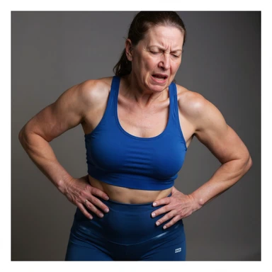 Realistic style image of a woman in sportswear inspired by the reference photo, showing pain in the lower back, with both hands on the lumbar area and a pained expression, neutral background. sticker