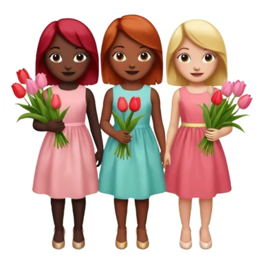 girls at a garden party wearing pastel dresses and holding tulips, one is black, one is blond, one has brown hair, one has red hair sticker