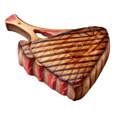Cinematic thick-cut t-bone steak, perfectly seared with grill marks, a grilled center, rich and savory, warm glow, sizzling and mouthwatering, highly detailed and appetizing. sticker