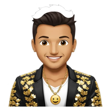 Peter Andre with dark brown hair, black sequin jacket, shirtless with necklace sticker