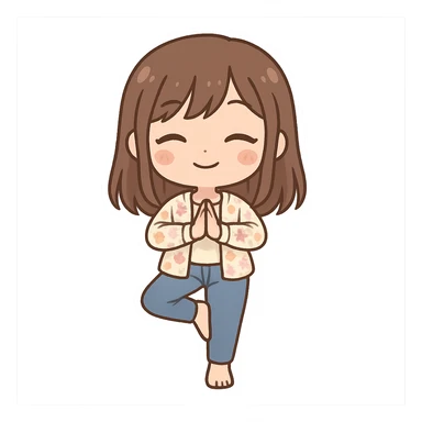 chibi sticker of a girl with brown straight hair and brown eyes, wearing a pastel floral cardigan and jeans, doing yoga in tree pose, white outline, transparent background, 512x512px sticker