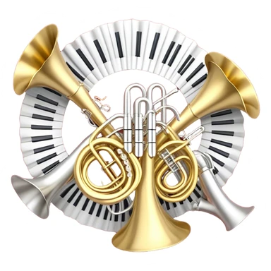 Create a festive and elegant emoji collage featuring a bouquet or fan of bells of wind instrument  (trumpets, saxophones, trombones, tubes, etc.) arranged in a radiant, symmetrical pattern. The instruments should have polished, golden and silver finishes, with their large, shiny bells forming a beautiful, fan-like display. Include a flowing ribbon of musical notes swirling through the center, conveying movement and melody. The background should feature a deep red velvet texture, adding a touch of luxury and sophistication. The overall composition should be balanced, with an elegant and regal feel, with a transparent background to keep focus on the instruments and musical elements. sticker