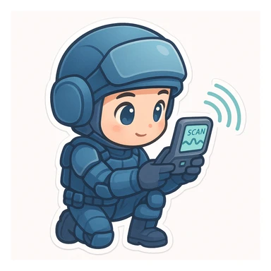chibi sticker of a sci-fi soldier in a mostly blue uniform, kneeling and scanning with a futuristic device, big eyes, cute style, white background sticker