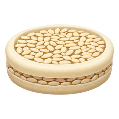 A round puffed rice cake, flat disc shape, light beige/off-white color, bumpy textured surface showing compressed puffed rice grains, crispy appearance, simple flat design, centered on transparent background. sticker