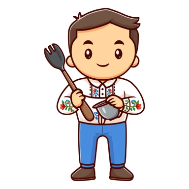 Ukrainian man in traditional white embroidered shirt holding a ladle and kitchen shears sticker