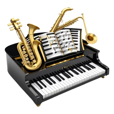 Create a detailed and elegant emoji collage representing keyboard instruments in a celebratory and professional style, reminiscent of a coat of arms. The design should feature a central arrangement of black and white piano keys, forming a symmetrical, powerful image. Around the keys, include a flowing ribbon of musical notes that intertwines with the keys, creating a sense of movement and harmony. Use gold and silver accents to highlight the keys and musical notes, giving the design a festive, high-quality appearance. The design should convey professionalism, elegance, and a sense of occasion. Add subtle reflections on the piano keys to enhance the polished look. The background should be transparent. sticker