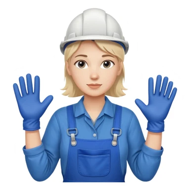 Russian factory worker gender neutral in blue overalls with gloves industrial background sticker