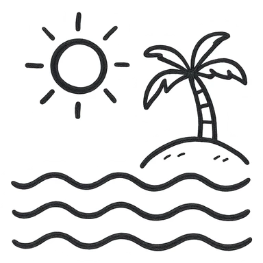 a hand drawn black outline of a beach with sun and waves sticker