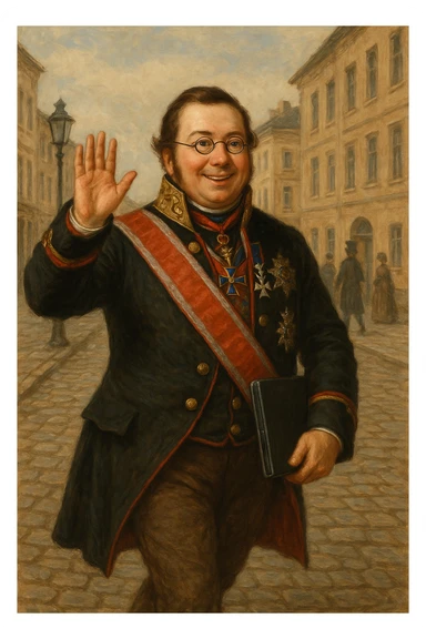 Павел Николаевич Демидов идёт с закрытым ноутбуком по улице города 19 века в руках улыбается и машет рукой вперед, рисованный стиль sticker