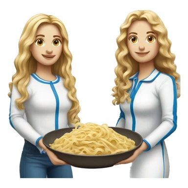 2 women, one with straight long blonde hair and the other with long brown curly hair. Both wearing long sleeved blue and white shirts. Holding Plate of pasta. sticker