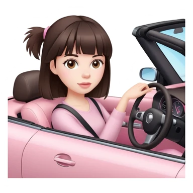 girl with dark brown hair with bangs and pale skin driving convertible car with light pink interior sticker