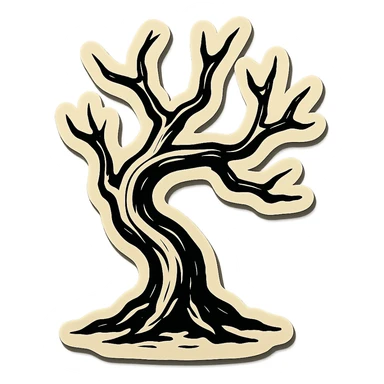 dry curved tree, contour style, sharp black lines, clear shadows and highlights, no gradients, retro stickers style sticker