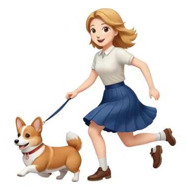 A beautiful girl with fair skin happily chases a corgi in a skirt sticker