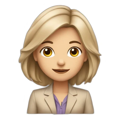 A girl with gray eyes and shoulder-length hair sits in a beige business suit at a laptop sticker