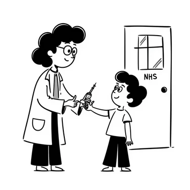 A 1960s doctor injecting a measles vaccination to a happy child in a doctors surgery.  On the door is a sign that reads NHS sticker