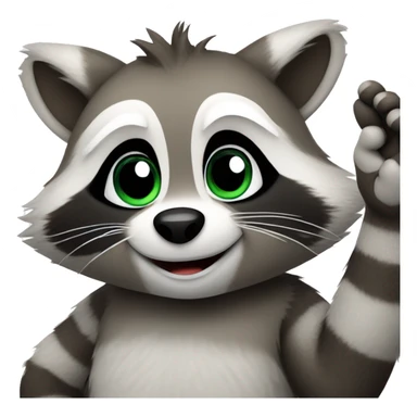 A cute fluffy raccoon waves his paw and greets sticker