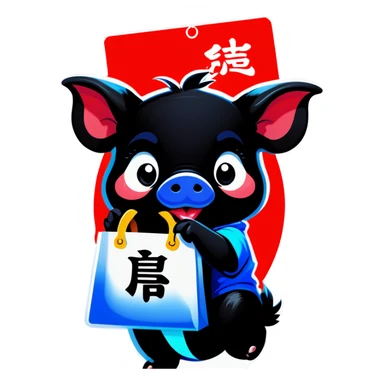 a black piglet holding 4 bags with "福 “ written on it sticker