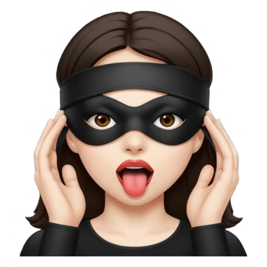 woman with dark brown hair wearing black blind fold completely covering her eyes. tongue out sticker