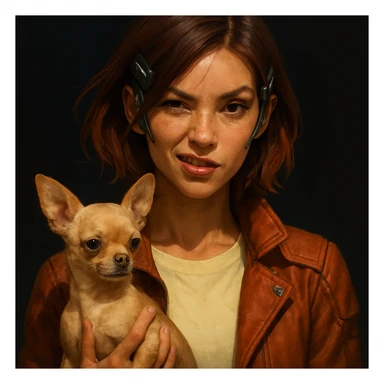 Portrait of a futuristic style woman with tanned skin and subtle freckles, wearing a pale yellow shirt (#FFF8CA) and a rust-colored jacket, mid-length brown hair with auburn highlights, rebellious and playful expression, holding a beige-brown chihuahua, dark background. sticker