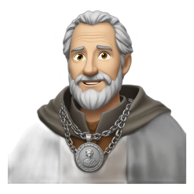 medieval coin engravers guild leader, 50 years old, grey hair, bust, has a necklace with a coin, has a coin in one hand sticker