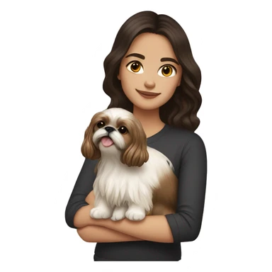 Young dark brunette hair woman with a golden shih tzu in her arms long wavy hair sticker