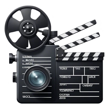 Icon for Acting in Theater and Movie: a stage with a spotlight and cinema, a film camera, a clapperboard and a dramatic mask. The design should represent both theatrical performance and cinematic art. Transparent background. sticker