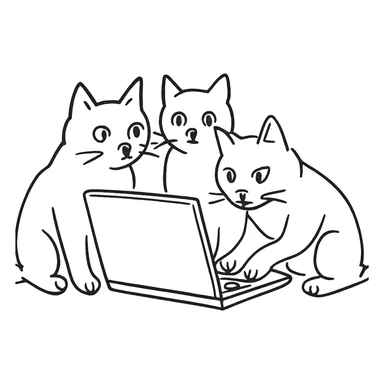 three cats at a computer, hand-drawn outline style sticker