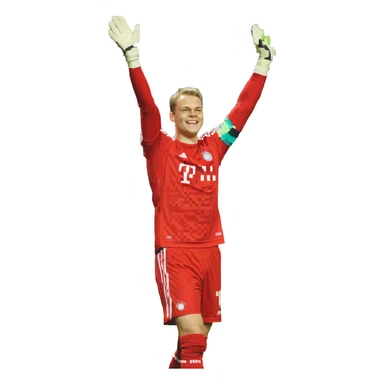 Manuel Neuer, celebrating, red kit, arms raised, smiling sticker