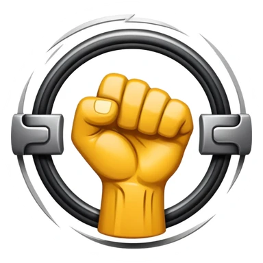 An emblem-style emoji symbolizing striking martial arts. A bold, stylized fist in the center, surrounded by dynamic motion lines representing speed and impact. The background includes a minimalistic combat ring or arena silhouette. Transparent background. sticker