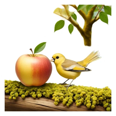 ein tiefer Teller mit breitem rand, darin ein haufen mit gelber Krümel unterschiedlicher Grösse. obendrauf seitlich ein Häufchen Apfelmus. ein Löffel steckt drin sticker