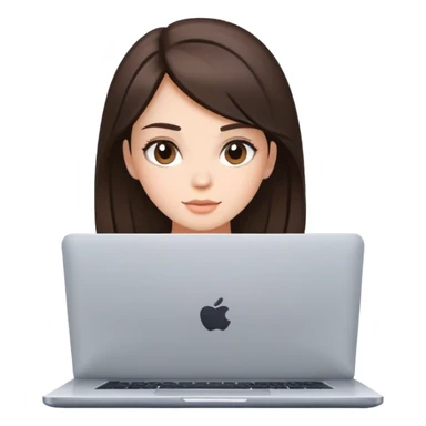 a brunette girl with a square hairstyle, with a laptop sticker