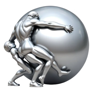 sorayama Sisyphus pushing up big sphere on his back sculpture sticker