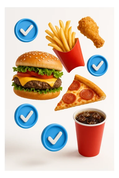 fast food realistico fluttua in aria insieme a spunte di verificato in 3d, sfondo bianco sticker