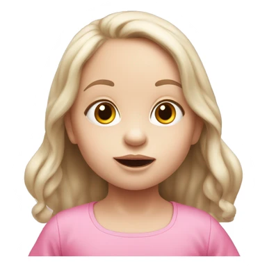 White skinned baby girl with long hair wearing pink clothes eating sticker