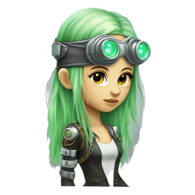 Light green long hair female cyborg head with silver steampunk goggles as a headband, circuits sticker