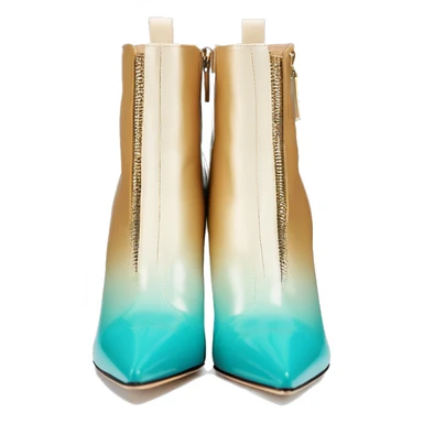 Hyper Realistic isolated front facing view of a pair of tiffany blue ,cream,and gold ombre Jimmy Choo zippered peppe toe Stiletto Heel ankle bootie boots. sticker