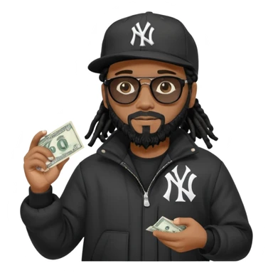 African American man with shoulder length black dreadlocks with black beard wearing black sunglasses wearing a black New York Yankees logo baseball Cap wearing a black bubble winter coat spreading money across his arm sticker