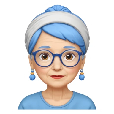 fat old woman with blue bun hair and glassess and headband sticker