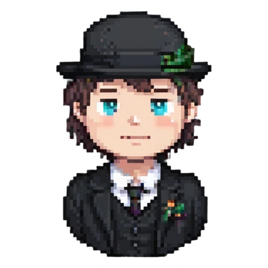 white boy minikin with a black bowler hat sticker
