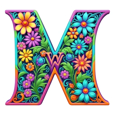 3D, gothic style psychedelic colored Letter V with hippie style flower border sticker